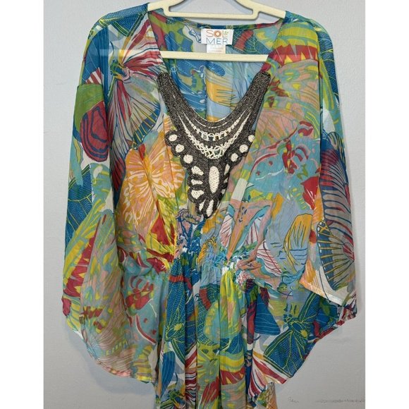 Women’s Swimsuit Coverup Size Large/XL Butterfly Colorful Print Long Beaded - Picture 3 of 8